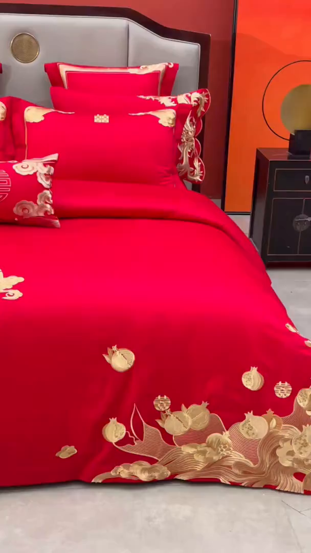 91家纺网 家纺一手货源 找家纺 宏羽纺家纺 2025新款高支高密全棉提花新中式婚庆多件套 高支高密榴连忘返-金
