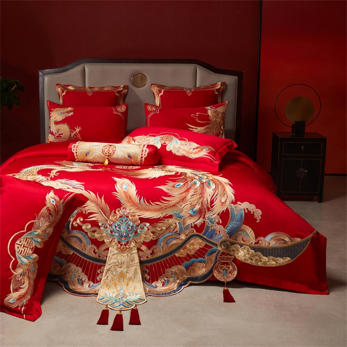 91家纺网 家纺一手货源 找家纺 宏羽纺家纺 2025新款高支高密全棉提花新中式婚庆多件套 高支高密龙凤和鸣-金