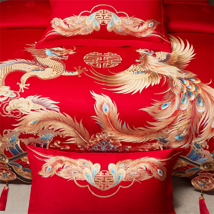 91家纺网 家纺一手货源 找家纺 宏羽纺家纺 2025新款高支高密全棉提花新中式婚庆多件套 高支高密龙凤和鸣-金