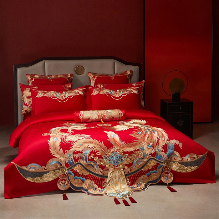 91家纺网 家纺一手货源 找家纺 宏羽纺家纺 2025新款高支高密全棉提花新中式婚庆多件套 高支高密龙凤和鸣-金