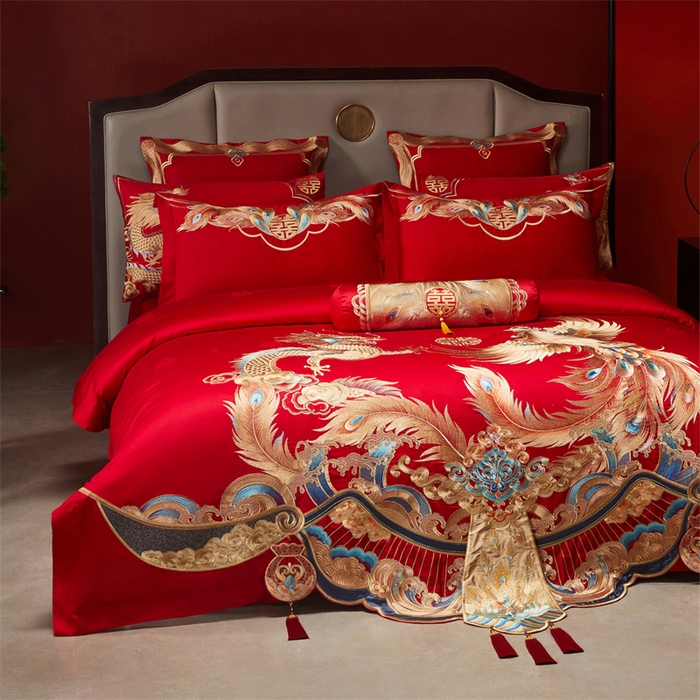 91家纺网 家纺一手货源 找家纺 宏羽纺家纺 2025新款高支高密全棉提花新中式婚庆多件套 高支高密龙凤和鸣-金