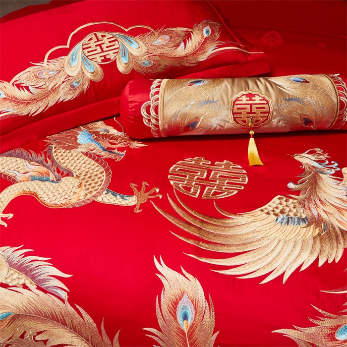 91家纺网 家纺一手货源 找家纺 宏羽纺家纺 2025新款高支高密全棉提花新中式婚庆多件套 高支高密龙凤和鸣-金