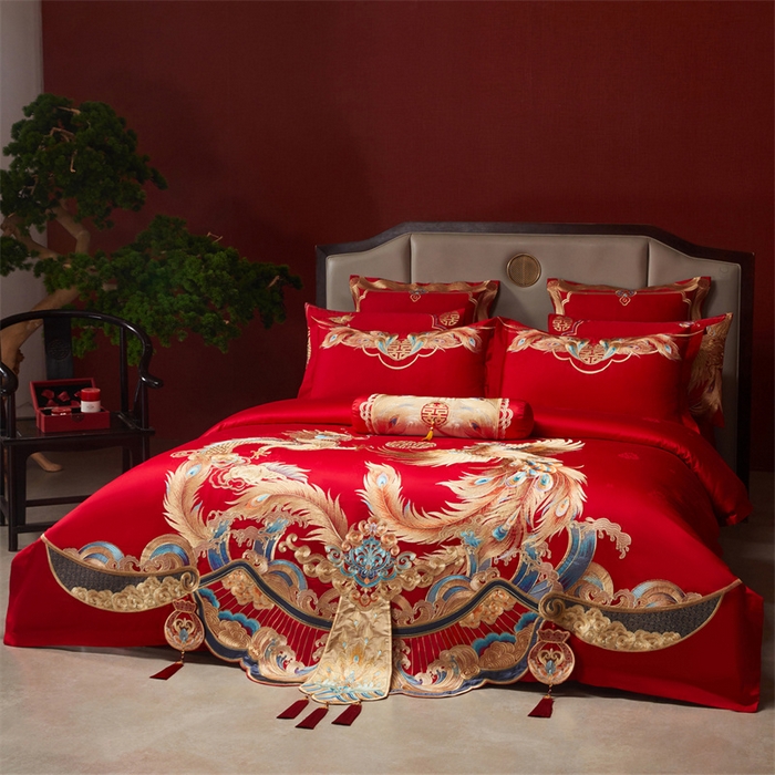 91家纺网 家纺一手货源 找家纺 宏羽纺家纺 2025新款高支高密全棉提花新中式婚庆多件套 高支高密龙凤和鸣-金