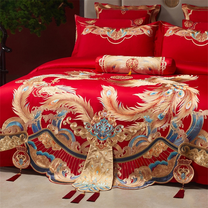 91家纺网 家纺一手货源 找家纺 宏羽纺家纺 2025新款高支高密全棉提花新中式婚庆多件套 高支高密龙凤和鸣-金