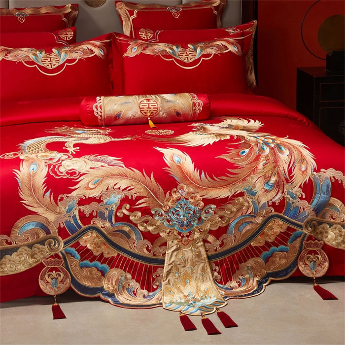 91家纺网 家纺一手货源 找家纺 宏羽纺家纺 2025新款高支高密全棉提花新中式婚庆多件套 高支高密龙凤和鸣-金