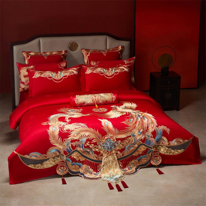 91家纺网 家纺一手货源 找家纺 宏羽纺家纺 2025新款高支高密全棉提花新中式婚庆多件套 高支高密龙凤和鸣-金