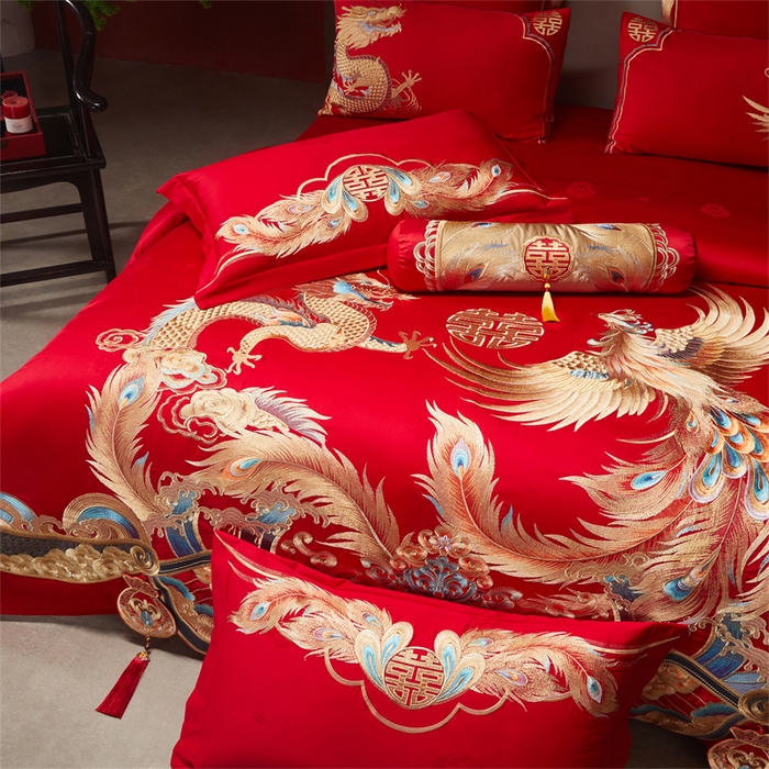 91家纺网 家纺一手货源 找家纺 宏羽纺家纺 2025新款高支高密全棉提花新中式婚庆多件套 高支高密龙凤和鸣-金
