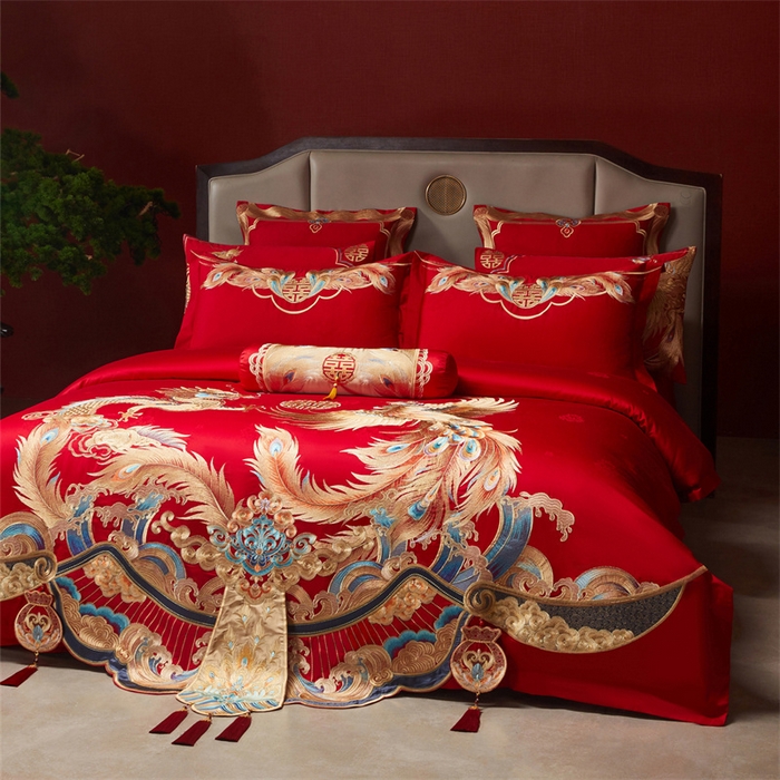 91家纺网 家纺一手货源 找家纺 宏羽纺家纺 2025新款高支高密全棉提花新中式婚庆多件套 高支高密龙凤和鸣-金