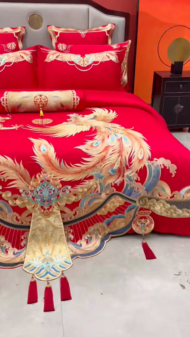 91家纺网 家纺一手货源 找家纺 宏羽纺家纺 2025新款高支高密全棉提花新中式婚庆多件套 高支高密龙凤和鸣-金