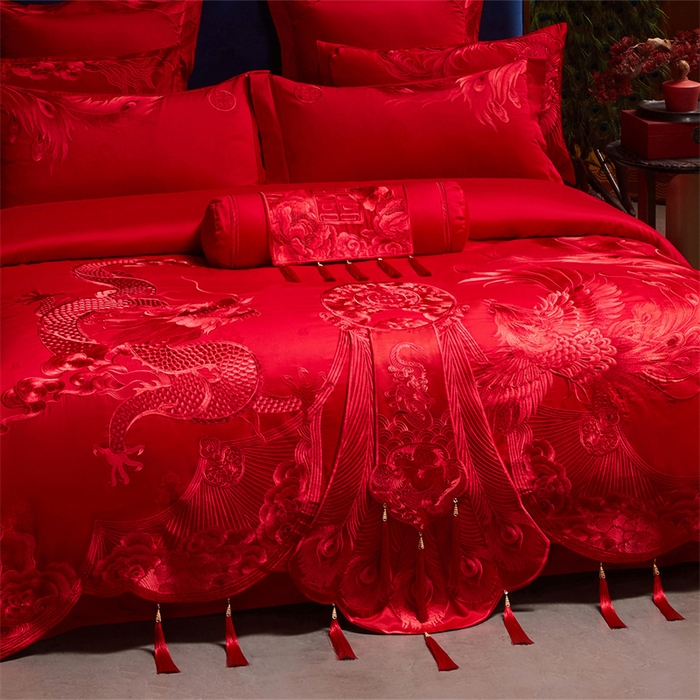 91家纺网 家纺一手货源 找家纺 宏羽纺家纺 2025新款高支高密全棉提花新中式婚庆多件套 高支高密龙凤华彩-红