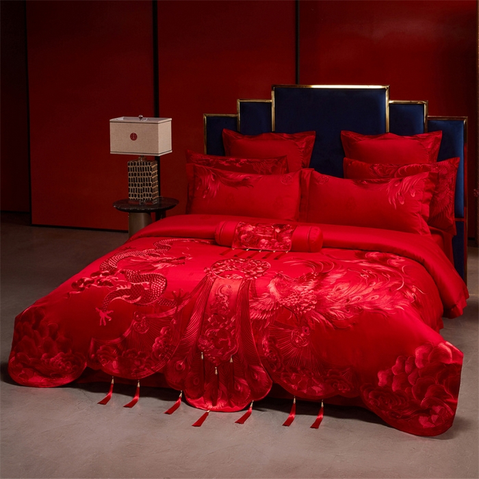 91家纺网 家纺一手货源 找家纺 宏羽纺家纺 2025新款高支高密全棉提花新中式婚庆多件套 高支高密龙凤华彩-红
