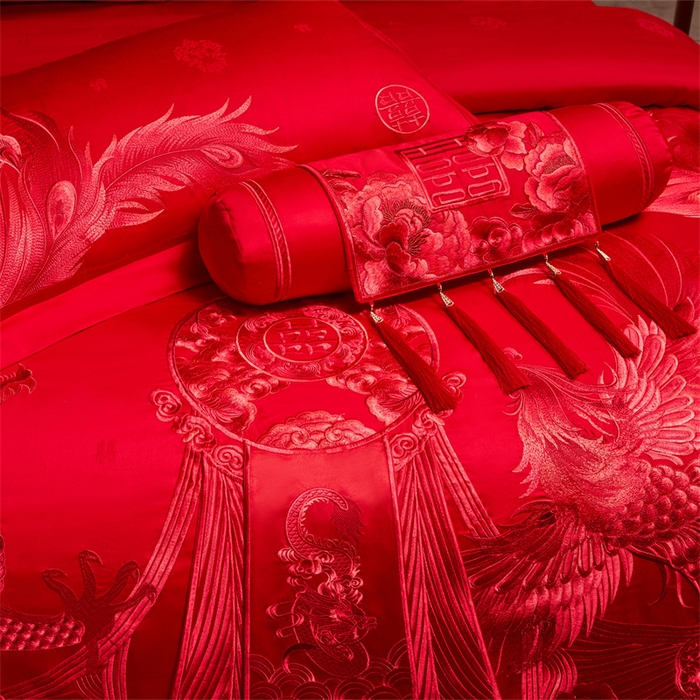 91家纺网 家纺一手货源 找家纺 宏羽纺家纺 2025新款高支高密全棉提花新中式婚庆多件套 高支高密龙凤华彩-红