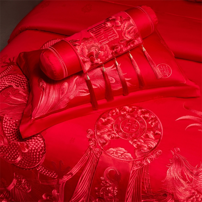 91家纺网 家纺一手货源 找家纺 宏羽纺家纺 2025新款高支高密全棉提花新中式婚庆多件套 高支高密龙凤华彩-红
