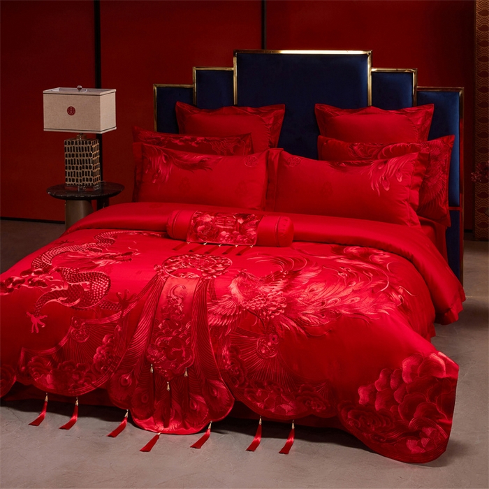 91家纺网 家纺一手货源 找家纺 宏羽纺家纺 2025新款高支高密全棉提花新中式婚庆多件套 高支高密龙凤华彩-红