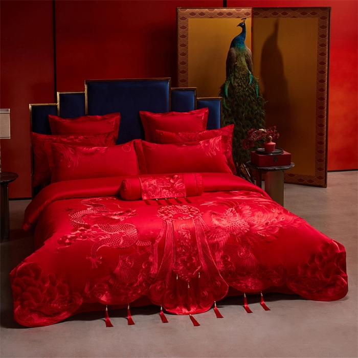 91家纺网 家纺一手货源 找家纺 宏羽纺家纺 2025新款高支高密全棉提花新中式婚庆多件套 高支高密龙凤华彩-红