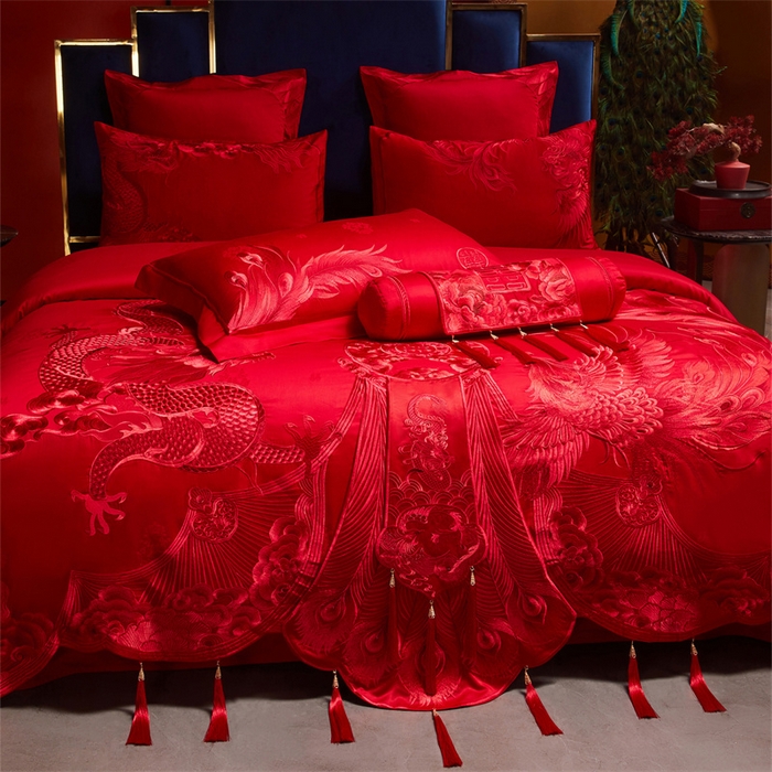 91家纺网 家纺一手货源 找家纺 宏羽纺家纺 2025新款高支高密全棉提花新中式婚庆多件套 高支高密龙凤华彩-红