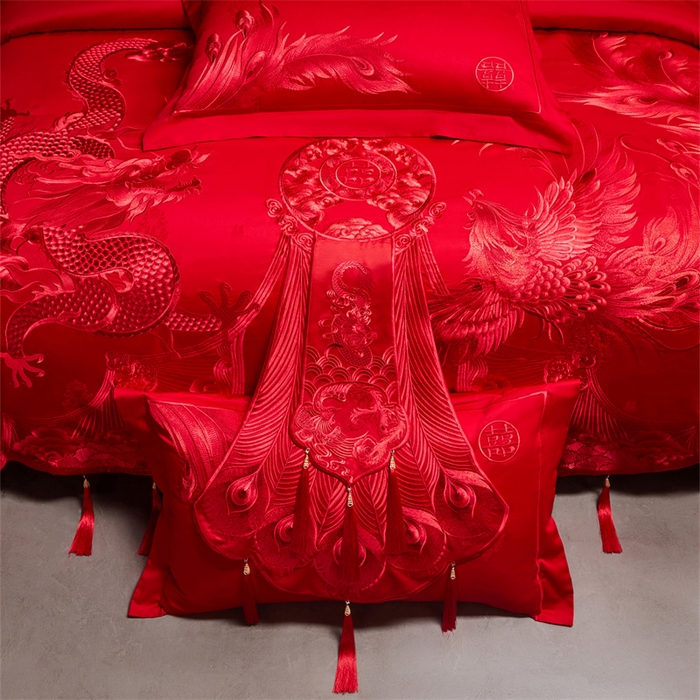 91家纺网 家纺一手货源 找家纺 宏羽纺家纺 2025新款高支高密全棉提花新中式婚庆多件套 高支高密龙凤华彩-红