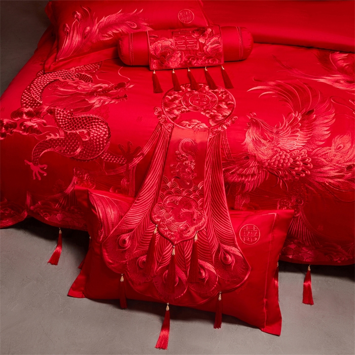 91家纺网 家纺一手货源 找家纺 宏羽纺家纺 2025新款高支高密全棉提花新中式婚庆多件套 高支高密龙凤华彩-红