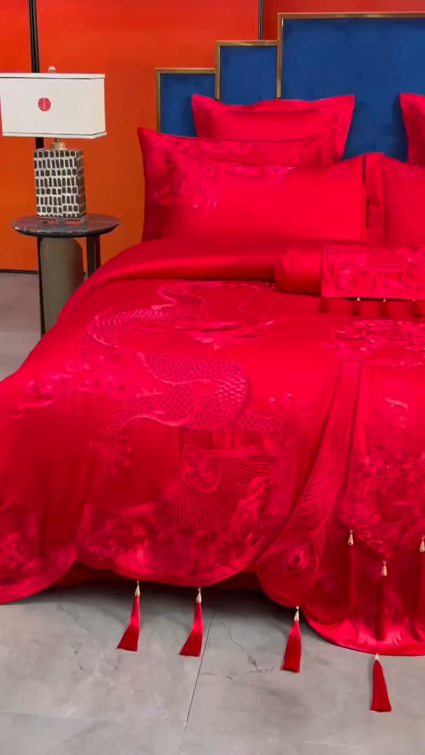 91家纺网 家纺一手货源 找家纺 宏羽纺家纺 2025新款高支高密全棉提花新中式婚庆多件套 高支高密龙凤华彩-红