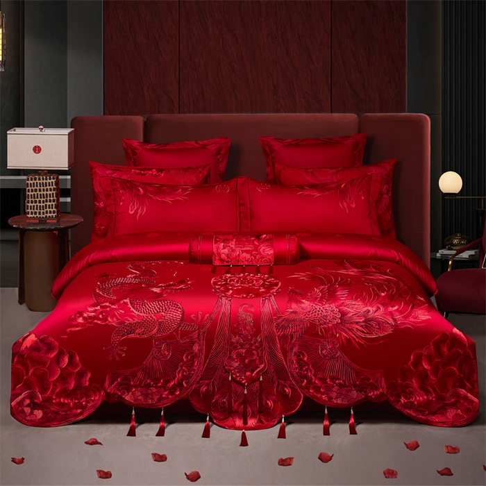 宏羽纺家纺 2025新款高支高密全棉提花新中式婚庆多件套 高支高密龙凤华彩-红