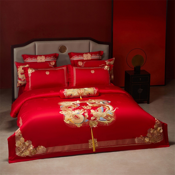 91家纺网 家纺一手货源 找家纺 宏羽纺家纺 2025新款高支高密全棉提花新中式婚庆多件套 高支高密龙凤榴禧-金