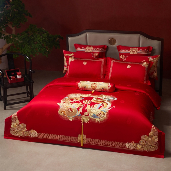 91家纺网 家纺一手货源 找家纺 宏羽纺家纺 2025新款高支高密全棉提花新中式婚庆多件套 高支高密龙凤榴禧-金