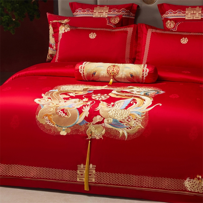91家纺网 家纺一手货源 找家纺 宏羽纺家纺 2025新款高支高密全棉提花新中式婚庆多件套 高支高密龙凤榴禧-金