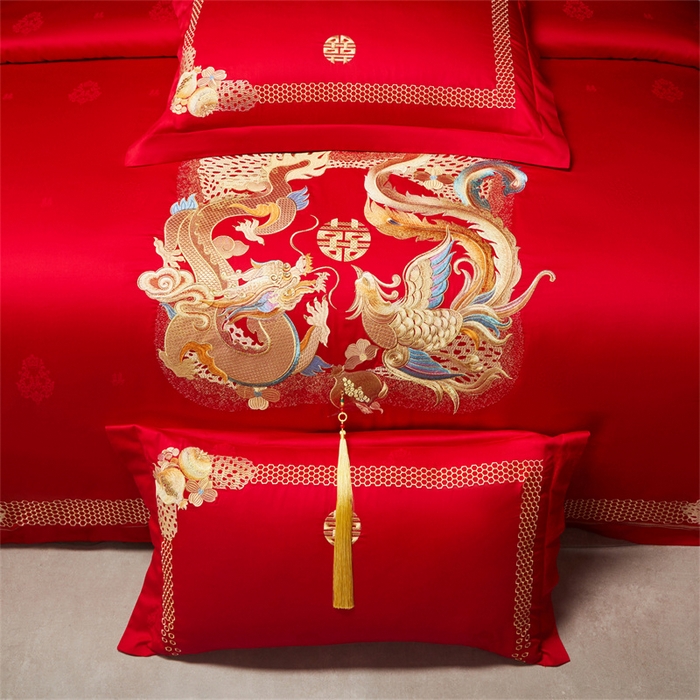 91家纺网 家纺一手货源 找家纺 宏羽纺家纺 2025新款高支高密全棉提花新中式婚庆多件套 高支高密龙凤榴禧-金