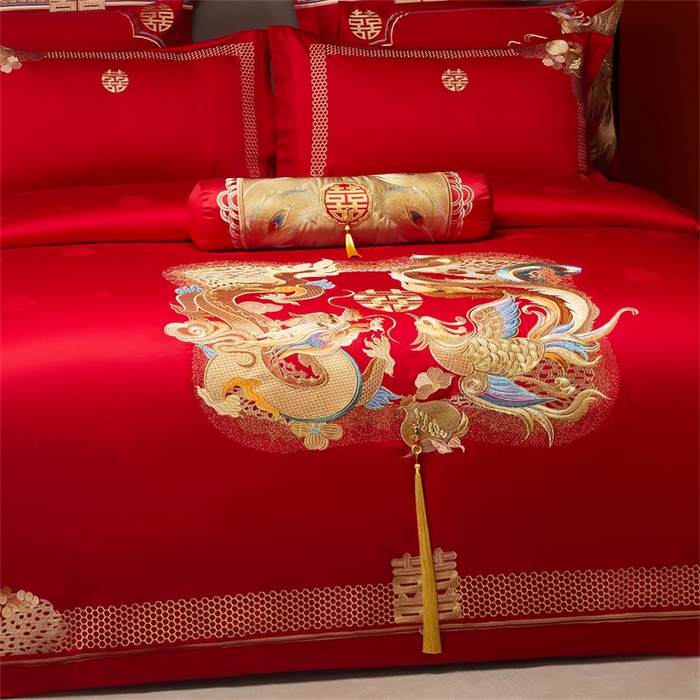 91家纺网 家纺一手货源 找家纺 宏羽纺家纺 2025新款高支高密全棉提花新中式婚庆多件套 高支高密龙凤榴禧-金