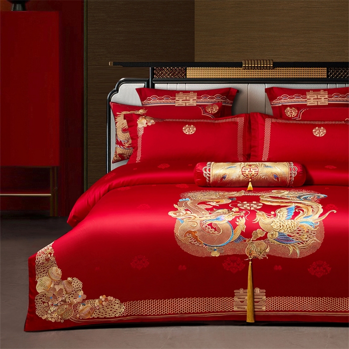 91家纺网 家纺一手货源 找家纺 宏羽纺家纺 2025新款高支高密全棉提花新中式婚庆多件套 高支高密龙凤榴禧-金
