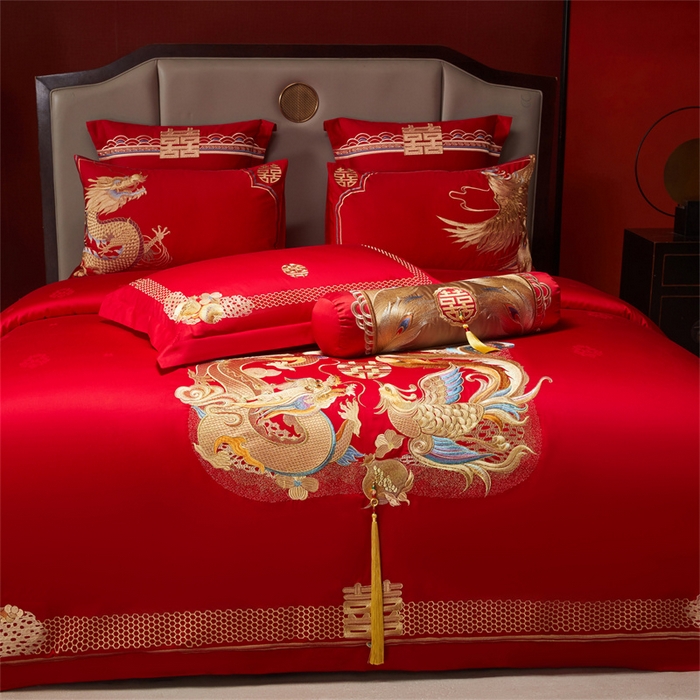 91家纺网 家纺一手货源 找家纺 宏羽纺家纺 2025新款高支高密全棉提花新中式婚庆多件套 高支高密龙凤榴禧-金