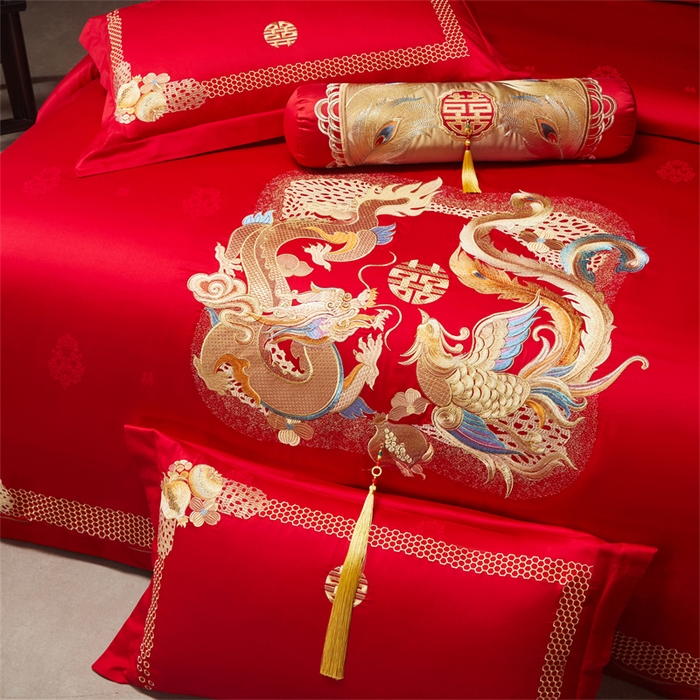 91家纺网 家纺一手货源 找家纺 宏羽纺家纺 2025新款高支高密全棉提花新中式婚庆多件套 高支高密龙凤榴禧-金