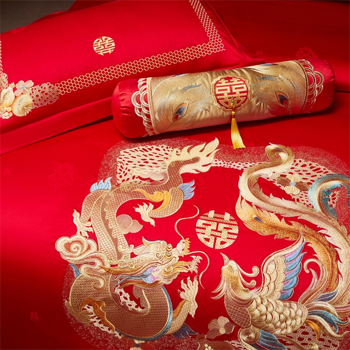 91家纺网 家纺一手货源 找家纺 宏羽纺家纺 2025新款高支高密全棉提花新中式婚庆多件套 高支高密龙凤榴禧-金