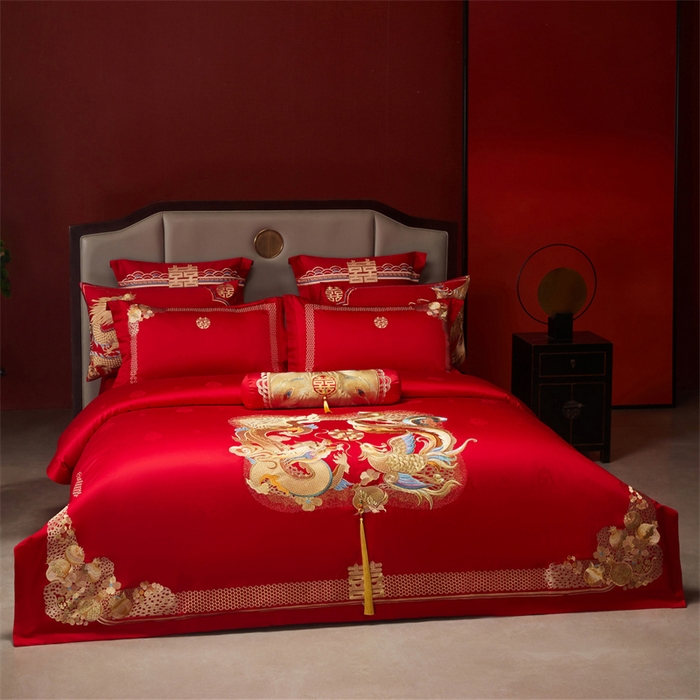 91家纺网 家纺一手货源 找家纺 宏羽纺家纺 2025新款高支高密全棉提花新中式婚庆多件套 高支高密龙凤榴禧-金