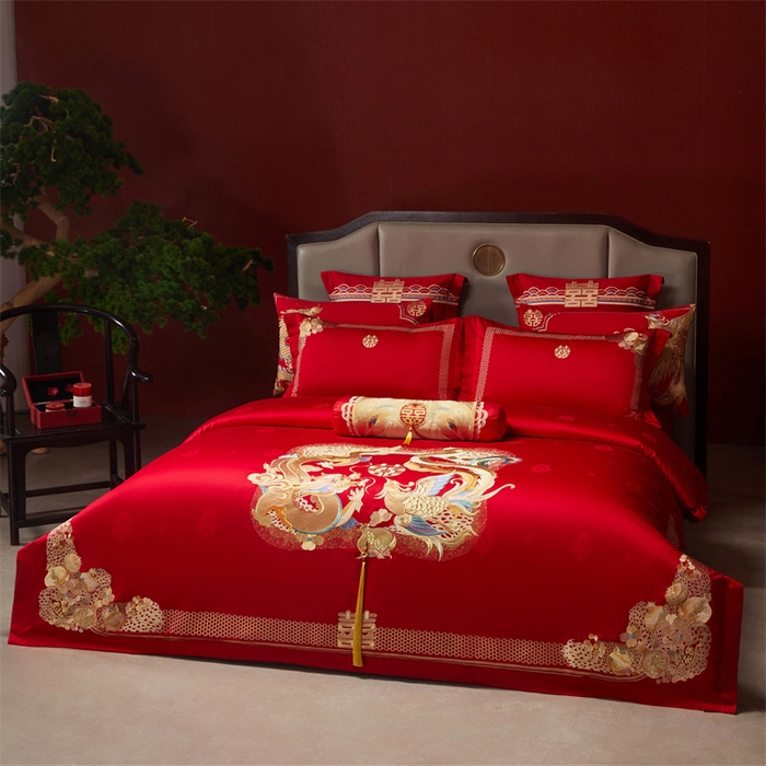 91家纺网 家纺一手货源 找家纺 宏羽纺家纺 2025新款高支高密全棉提花新中式婚庆多件套 高支高密龙凤榴禧-金