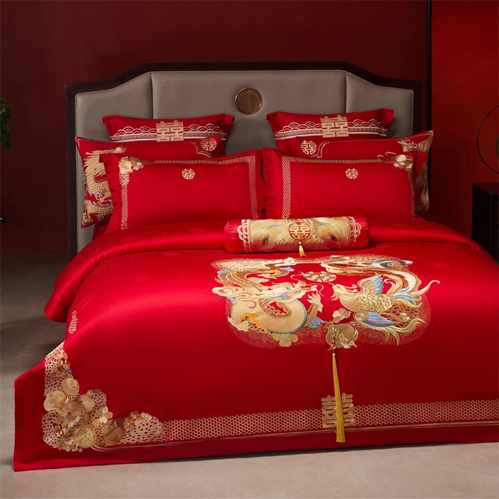 91家纺网 家纺一手货源 找家纺 宏羽纺家纺 2025新款高支高密全棉提花新中式婚庆多件套 高支高密龙凤榴禧-金