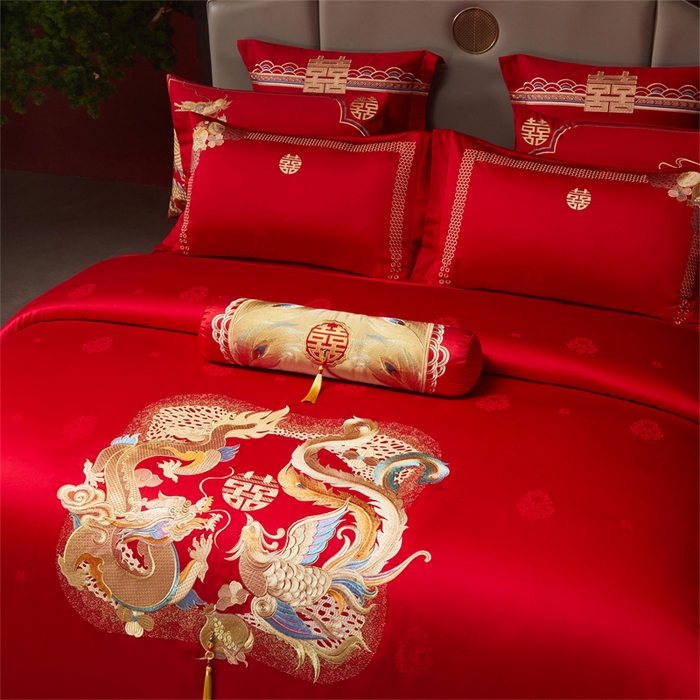 91家纺网 家纺一手货源 找家纺 宏羽纺家纺 2025新款高支高密全棉提花新中式婚庆多件套 高支高密龙凤榴禧-金