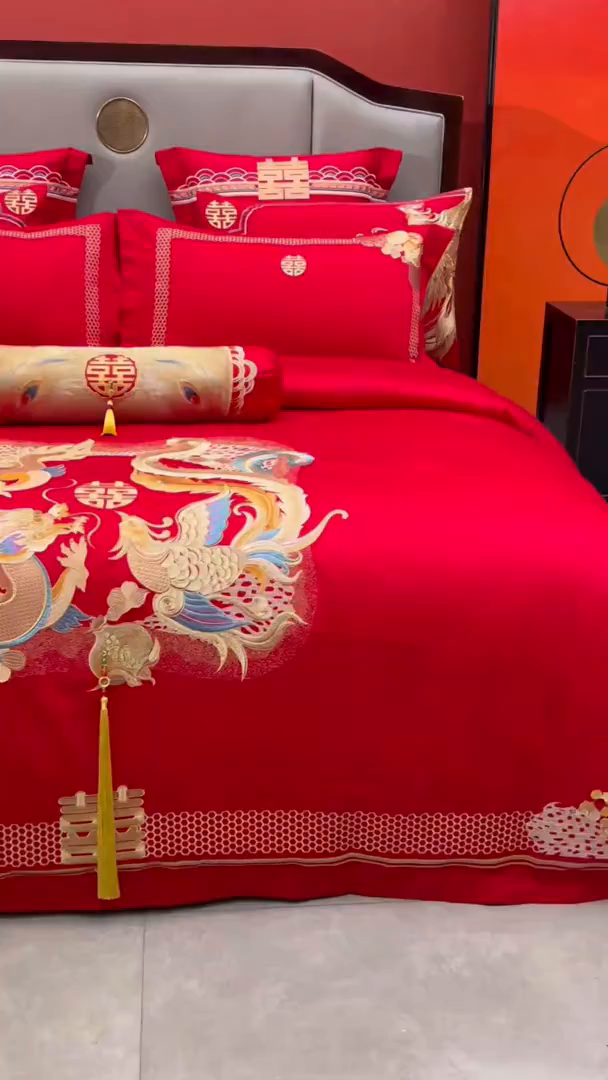 91家纺网 家纺一手货源 找家纺 宏羽纺家纺 2025新款高支高密全棉提花新中式婚庆多件套 高支高密龙凤榴禧-金