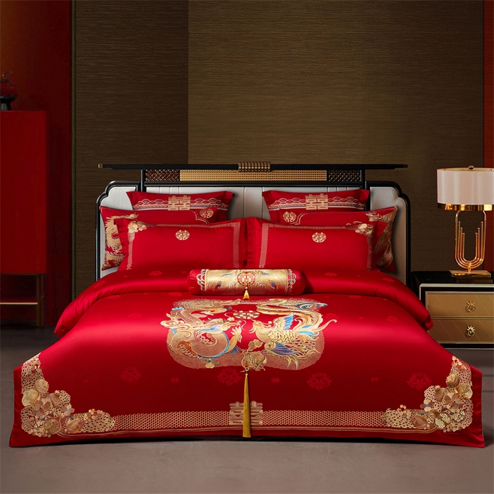宏羽纺家纺 2025新款高支高密全棉提花新中式婚庆多件套 高支高密龙凤榴禧-金