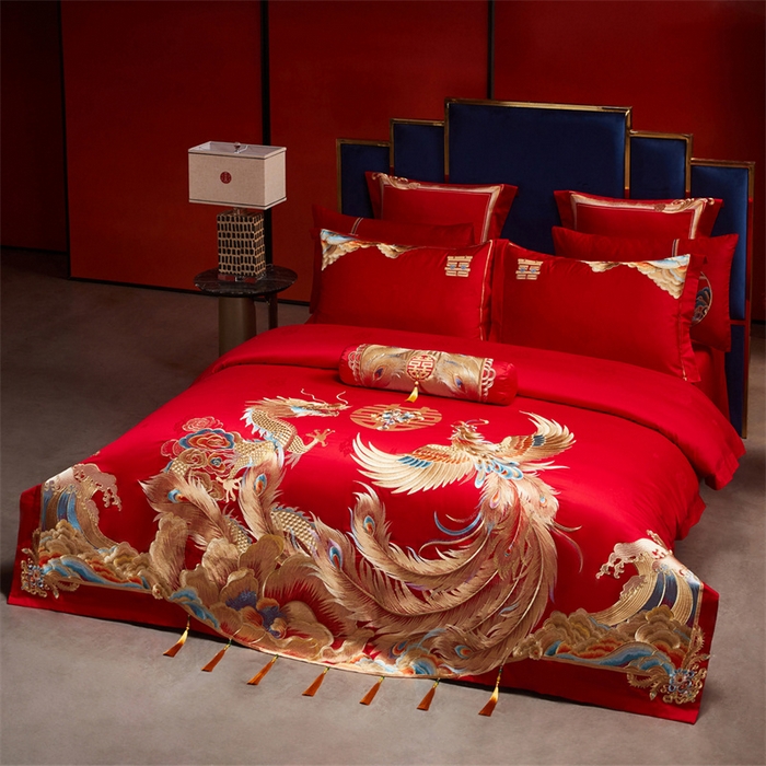 91家纺网 家纺一手货源 找家纺 宏羽纺家纺 2025新款高支高密全棉提花新中式婚庆多件套 高支高密龙凤御禧-金