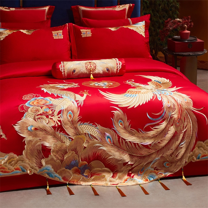 91家纺网 家纺一手货源 找家纺 宏羽纺家纺 2025新款高支高密全棉提花新中式婚庆多件套 高支高密龙凤御禧-金