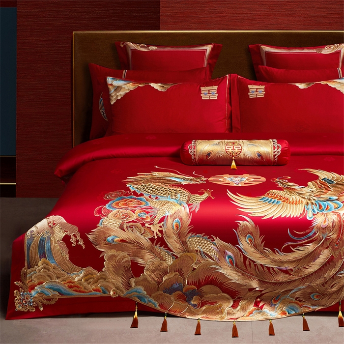 91家纺网 家纺一手货源 找家纺 宏羽纺家纺 2025新款高支高密全棉提花新中式婚庆多件套 高支高密龙凤御禧-金