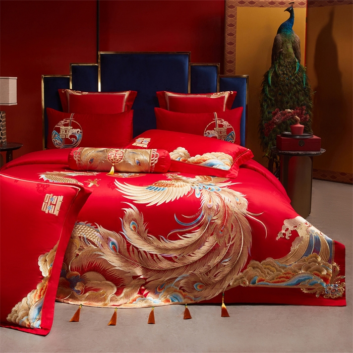 91家纺网 家纺一手货源 找家纺 宏羽纺家纺 2025新款高支高密全棉提花新中式婚庆多件套 高支高密龙凤御禧-金