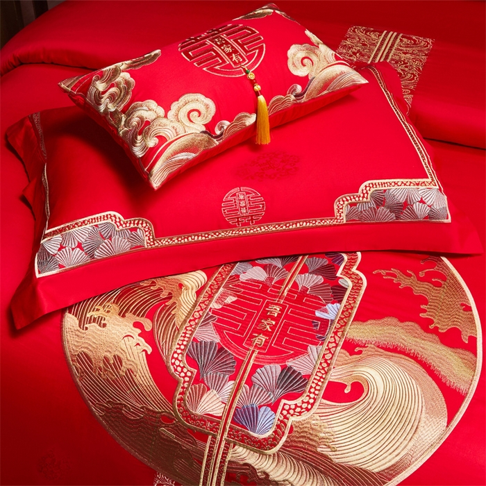 91家纺网 家纺一手货源 找家纺 宏羽纺家纺 2025新款高支高密全棉提花新中式婚庆多件套 高支高密听澜同心-金