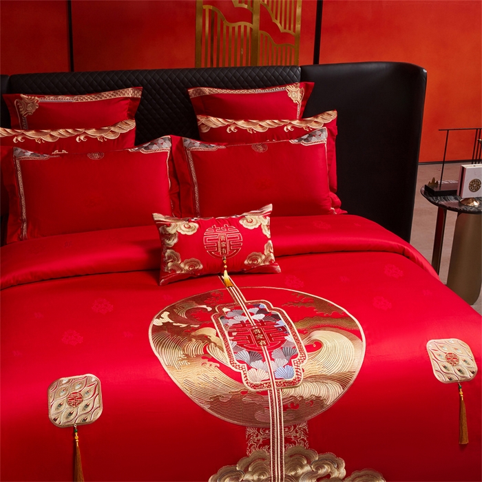 91家纺网 家纺一手货源 找家纺 宏羽纺家纺 2025新款高支高密全棉提花新中式婚庆多件套 高支高密听澜同心-金