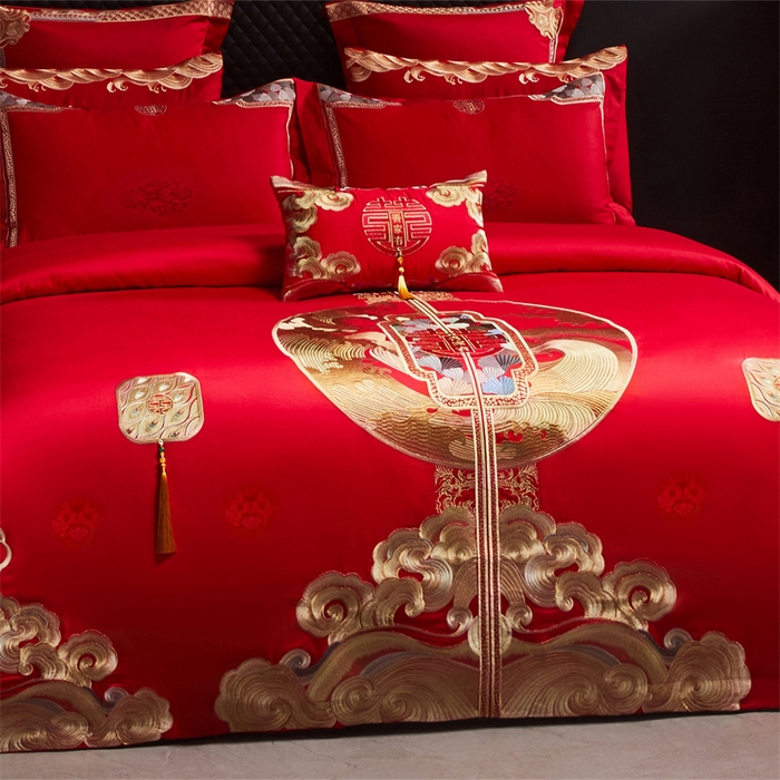 91家纺网 家纺一手货源 找家纺 宏羽纺家纺 2025新款高支高密全棉提花新中式婚庆多件套 高支高密听澜同心-金