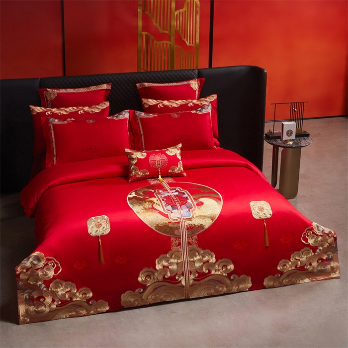 91家纺网 家纺一手货源 找家纺 宏羽纺家纺 2025新款高支高密全棉提花新中式婚庆多件套 高支高密听澜同心-金