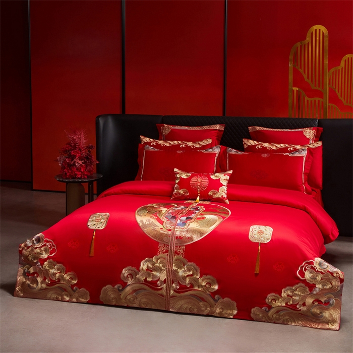 91家纺网 家纺一手货源 找家纺 宏羽纺家纺 2025新款高支高密全棉提花新中式婚庆多件套 高支高密听澜同心-金