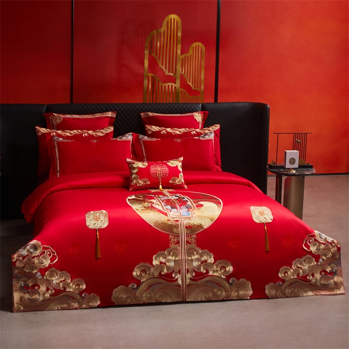 91家纺网 家纺一手货源 找家纺 宏羽纺家纺 2025新款高支高密全棉提花新中式婚庆多件套 高支高密听澜同心-金