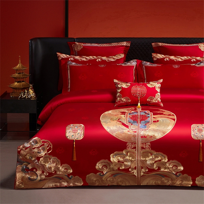 91家纺网 家纺一手货源 找家纺 宏羽纺家纺 2025新款高支高密全棉提花新中式婚庆多件套 高支高密听澜同心-金